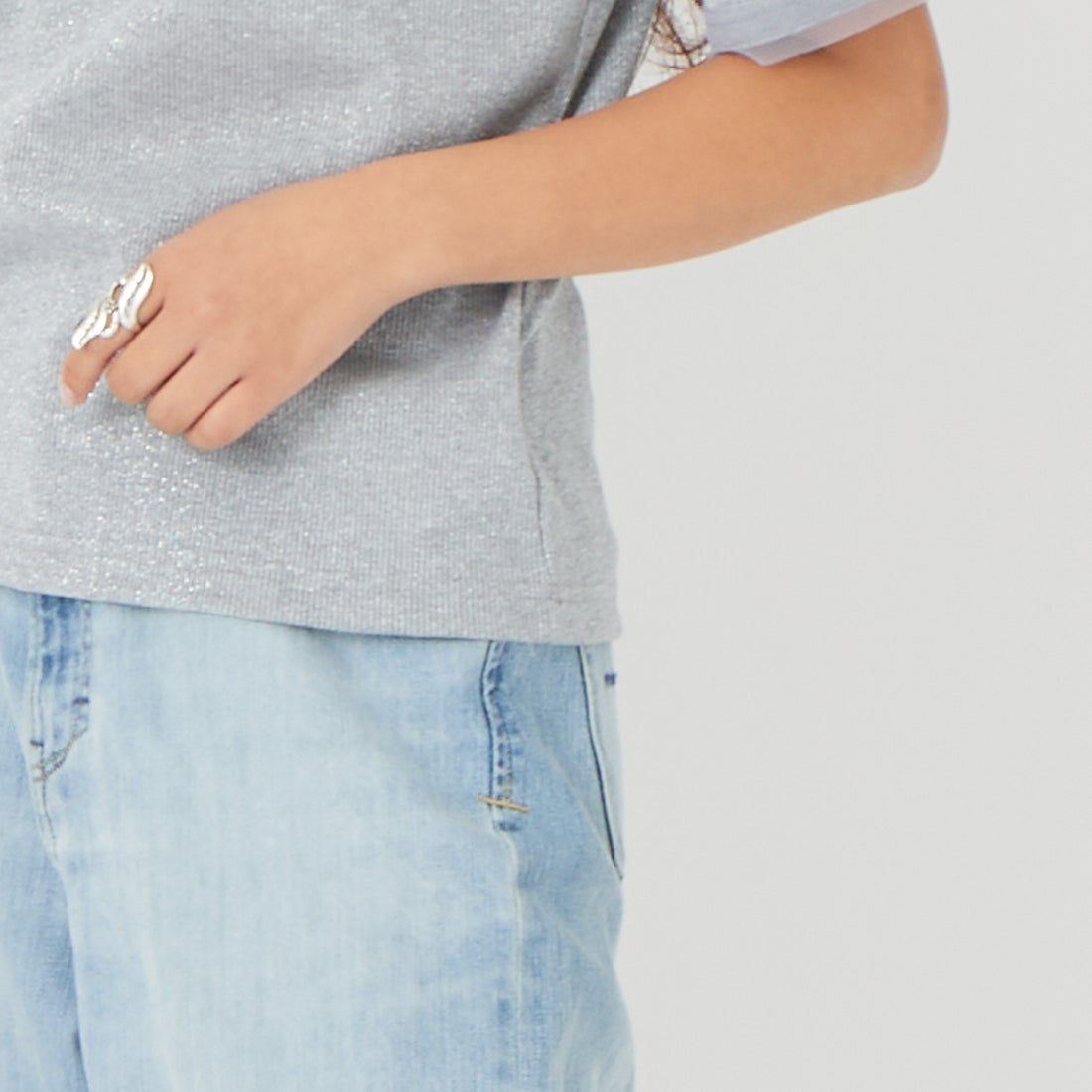 Jf Ready Made [ジェイエフレディメイド] ラメリブクルーネックTシャツ [8921130-01] 12 ｸﾞﾚｰ &&モデル身長：162cm 着用サイズ：F&&