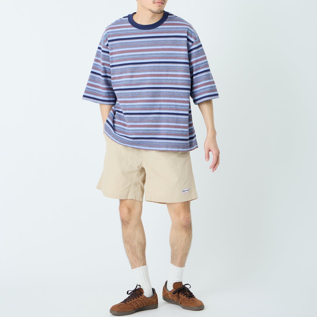 Marmot [マーモット] 別注 ワンポイントワッペンロゴ ユーティリティー ショートパンツ [MTSS26MHP341IN-JF] L.BEIGE&&モデル身長：168cm 着用サイズ：L&&
