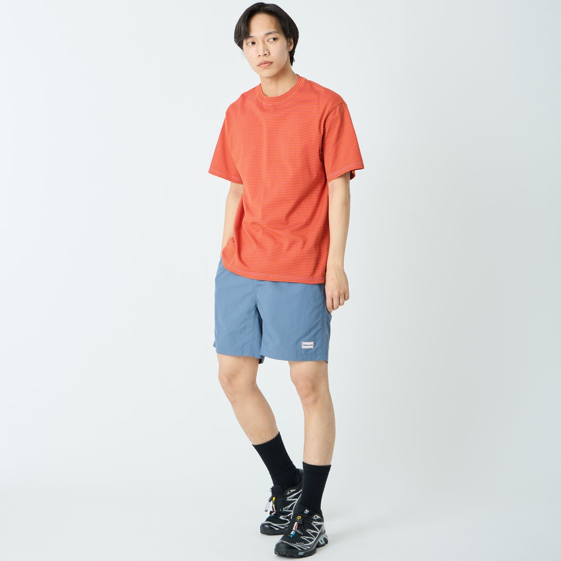 Marmot [マーモット] 別注 ワンポイントワッペンロゴ ユーティリティー ショートパンツ [MTSS26MHP341IN-JF] INDIGO &&モデル身長：179cm 着用サイズ：L&&