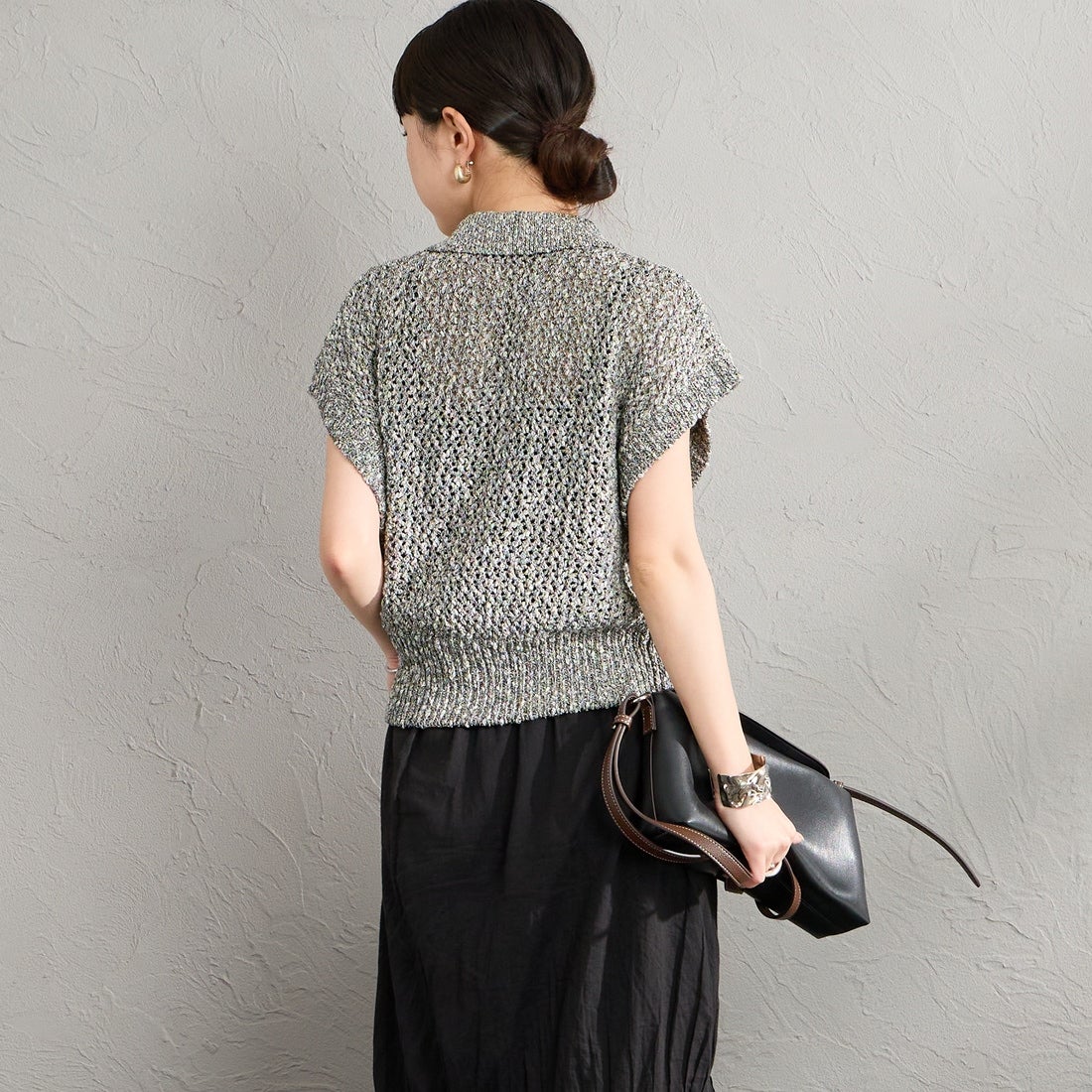 Maison de L'allure [メゾン ドゥ ラリュール] メッシュポロニット [M26311001] 09 BLACK &&モデル身長：150cm 着用サイズ：F&&
