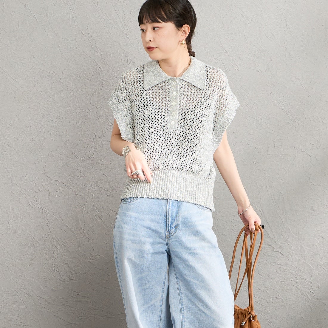 Maison de L'allure [メゾン ドゥ ラリュール] メッシュポロニット [M26311001] 07 GRAY &&モデル身長：150cm 着用サイズ：F&&
