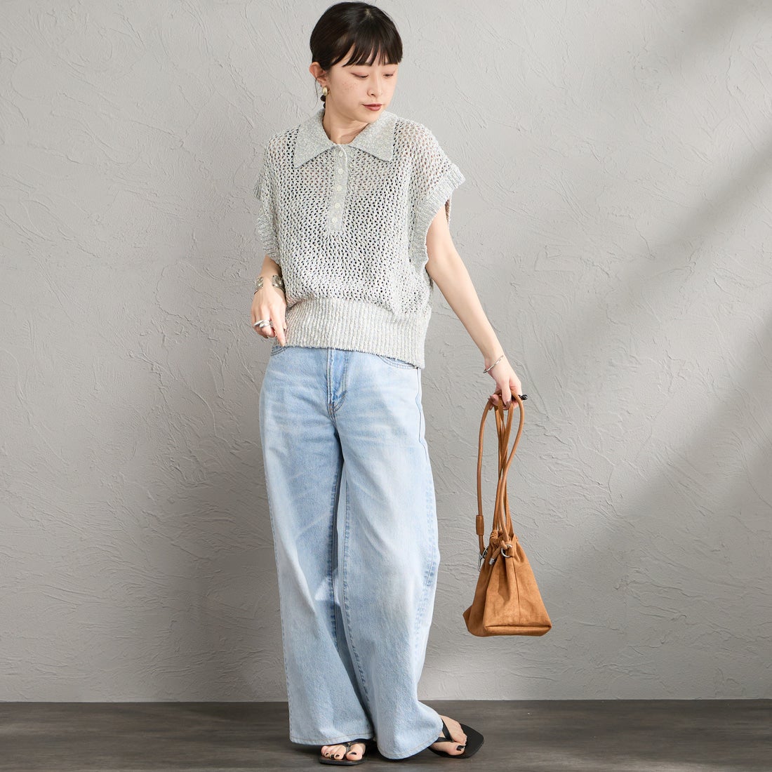 Maison de L'allure [メゾン ドゥ ラリュール] メッシュポロニット [M26311001] 07 GRAY &&モデル身長：150cm 着用サイズ：F&&