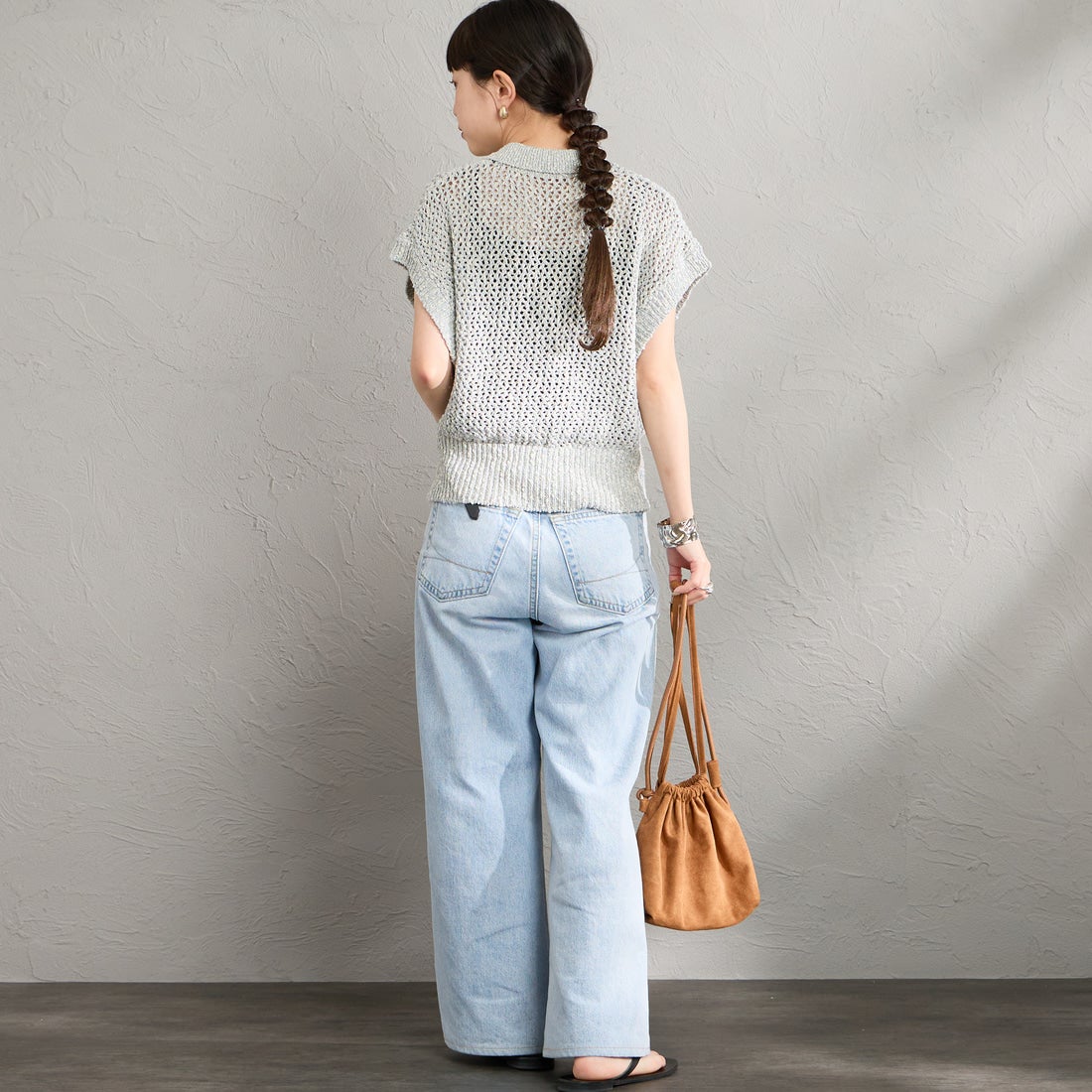 Maison de L'allure [メゾン ドゥ ラリュール] メッシュポロニット [M26311001] 07 GRAY &&モデル身長：150cm 着用サイズ：F&&