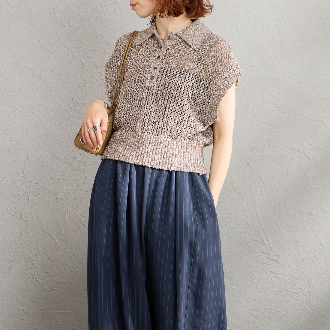 Maison de L'allure [メゾン ドゥ ラリュール] メッシュポロニット [M26311001] 28 BROWN &&モデル身長：158cm 着用サイズ：F&&