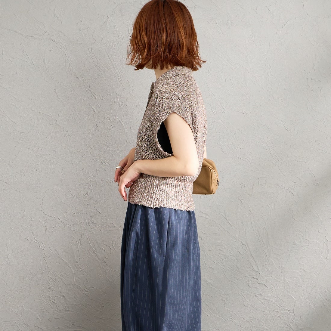 Maison de L'allure [メゾン ドゥ ラリュール] メッシュポロニット [M26311001] 28 BROWN &&モデル身長：158cm 着用サイズ：F&&