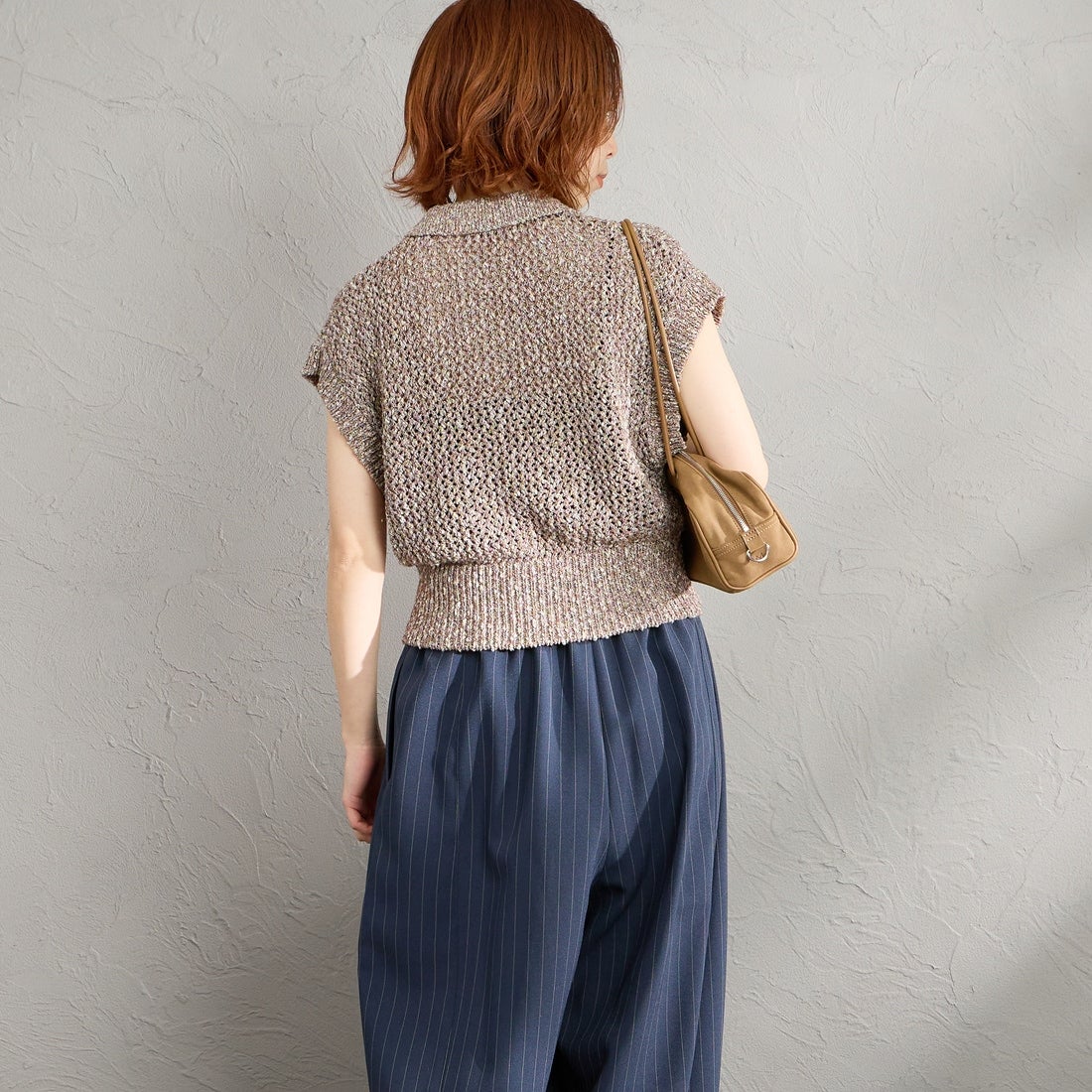 Maison de L'allure [メゾン ドゥ ラリュール] メッシュポロニット [M26311001] 28 BROWN &&モデル身長：158cm 着用サイズ：F&&