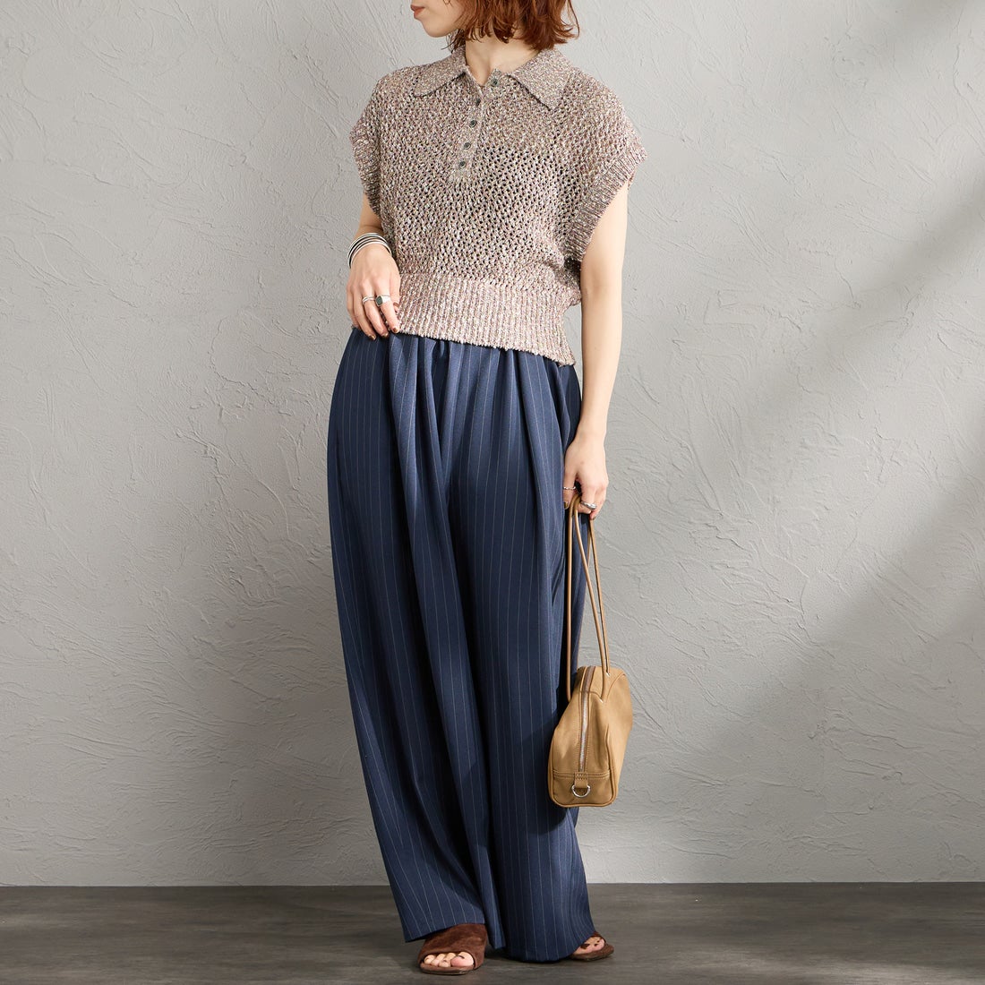 Maison de L'allure [メゾン ドゥ ラリュール] メッシュポロニット [M26311001] 28 BROWN &&モデル身長：158cm 着用サイズ：F&&