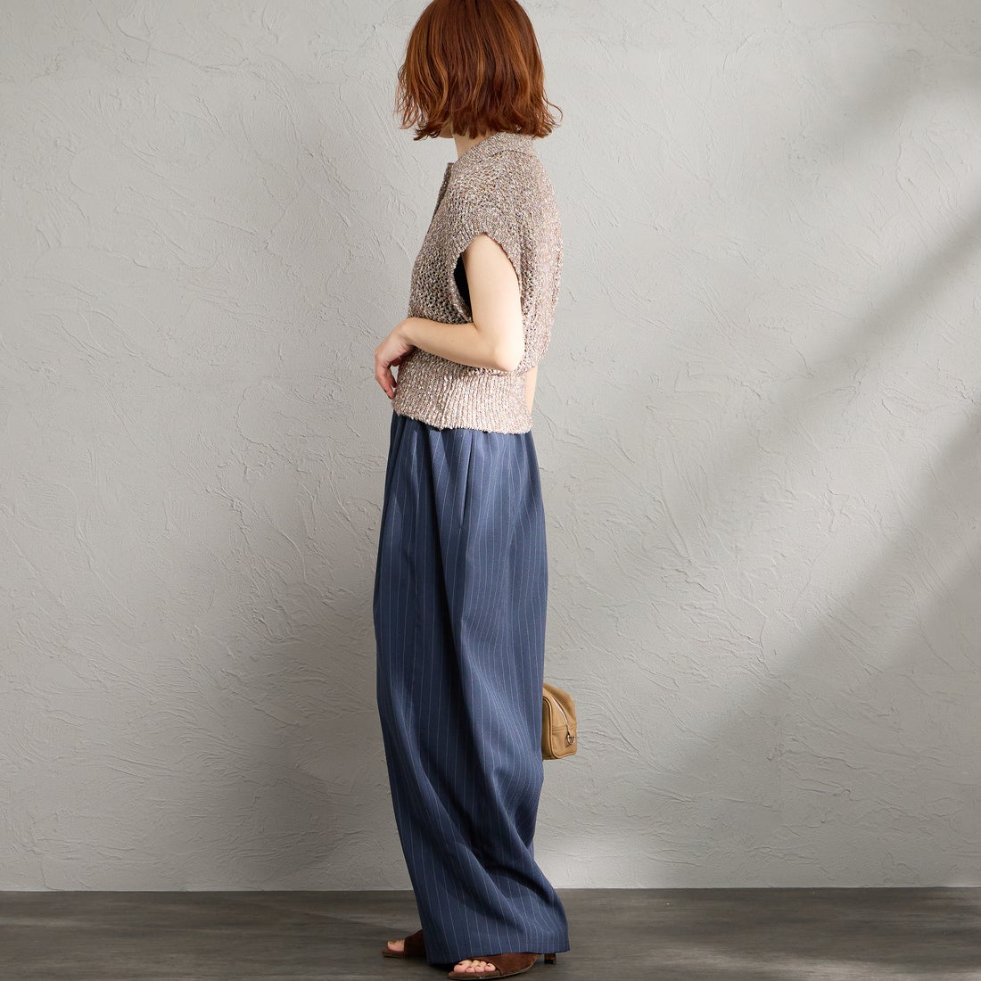 Maison de L'allure [メゾン ドゥ ラリュール] メッシュポロニット [M26311001] 28 BROWN &&モデル身長：158cm 着用サイズ：F&&