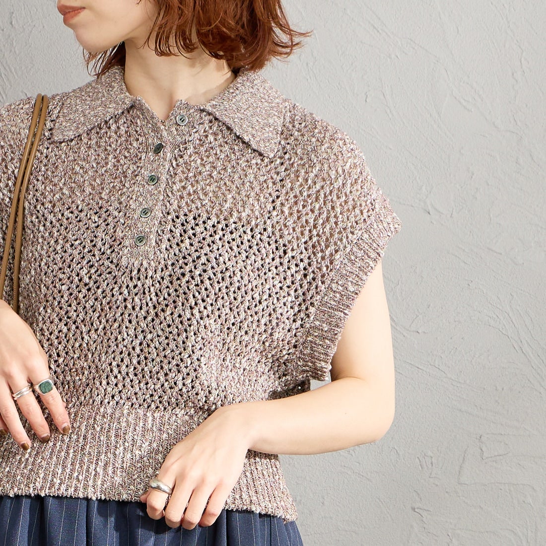 Maison de L'allure [メゾン ドゥ ラリュール] メッシュポロニット [M26311001] 28 BROWN &&モデル身長：158cm 着用サイズ：F&&