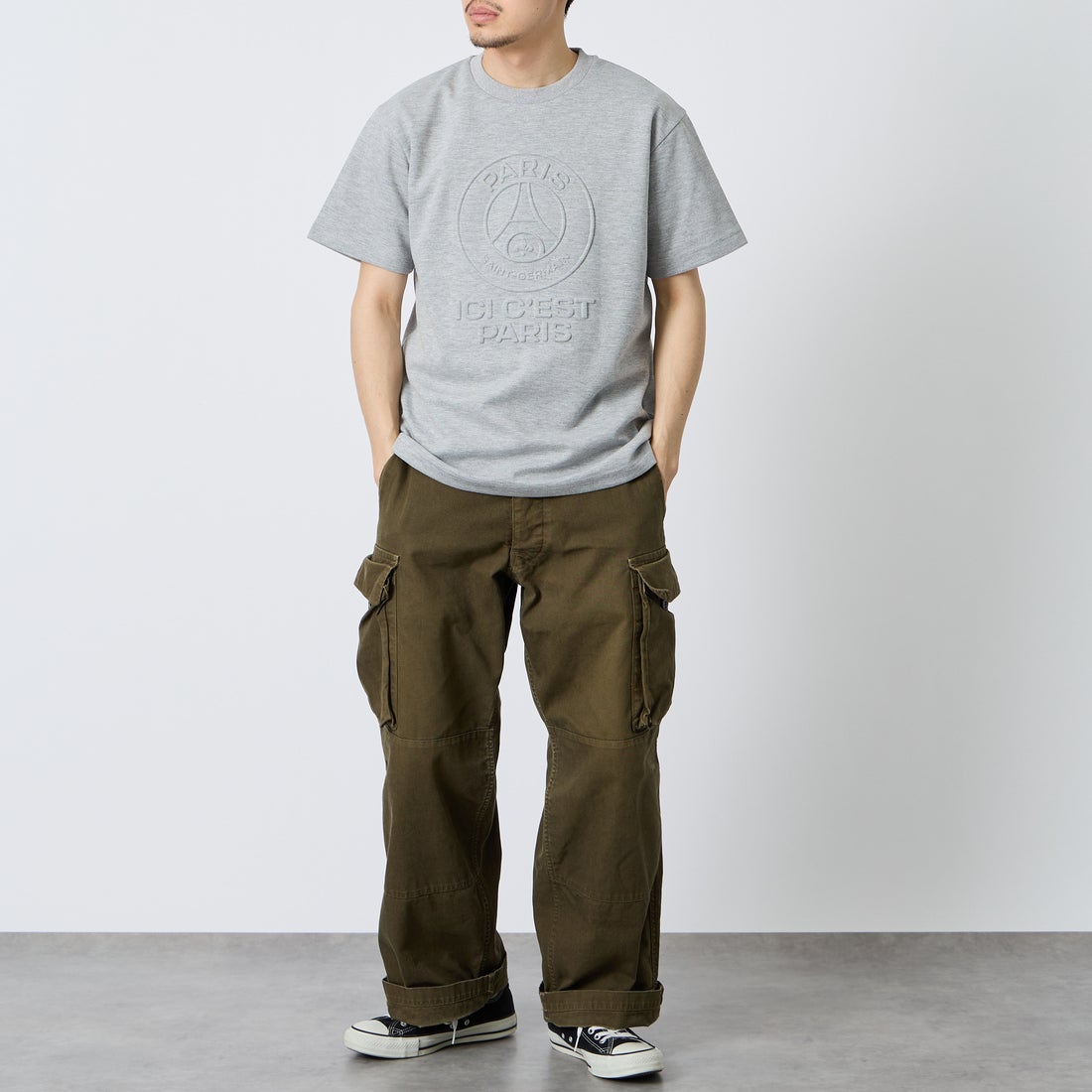 PARIS SAINT-GERMAN [パリ・サンジェルマン] PSGエンボスロゴ ショートスリーブTシャツ [PS0526SS0001] H.GRAY &&モデル身長：167cm 着用サイズ：M&&