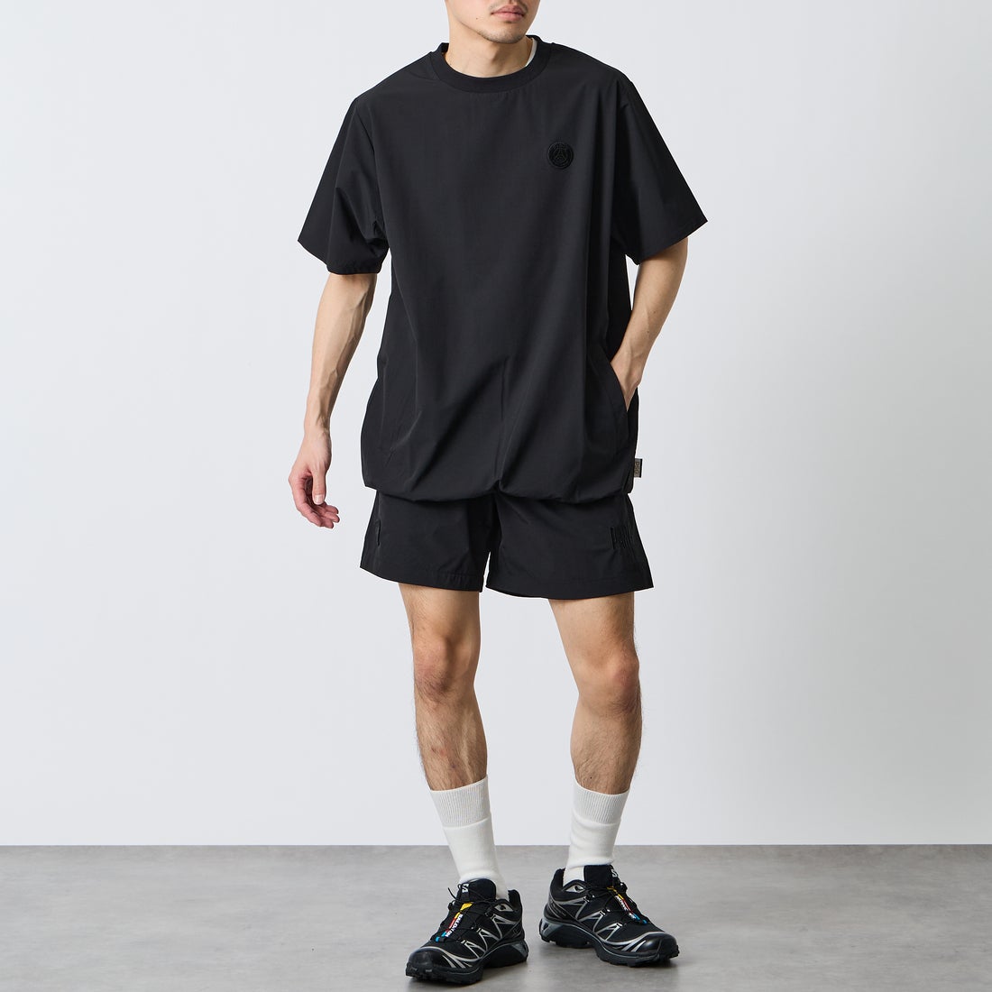PARIS SAINT-GERMAN [パリ・サンジェルマン] ワッペン刺繍ロゴ ショートパンツ [PS1226SS0002] BLACK &&モデル身長：168cm 着用サイズ：L&&