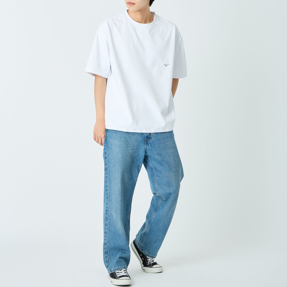 MIZUNO [ミズノ] 別注 ドローコード付き バックプリントTシャツ [D2JADW01-JF] WHITE &&モデル身長：179cm 着用サイズ：L&&