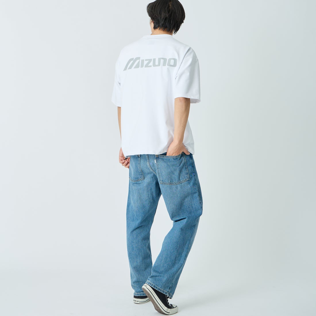 MIZUNO [ミズノ] 別注 ドローコード付き バックプリントTシャツ [D2JADW01-JF] WHITE &&モデル身長：179cm 着用サイズ：L&&