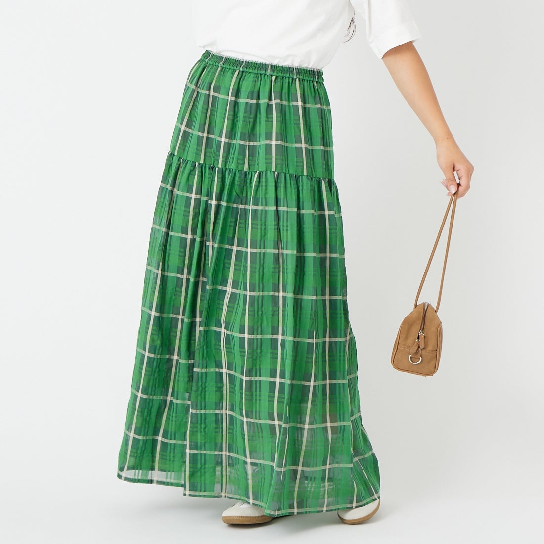 CLOCHE [クロシェ] シアーチェックティアードスカート [61086006] ｸﾞﾘｰﾝ &&モデル身長：162cm 着用サイズ：2&&