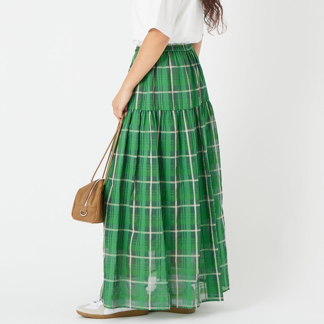 CLOCHE [クロシェ] シアーチェックティアードスカート [61086006] ｸﾞﾘｰﾝ &&モデル身長：162cm 着用サイズ：2&&