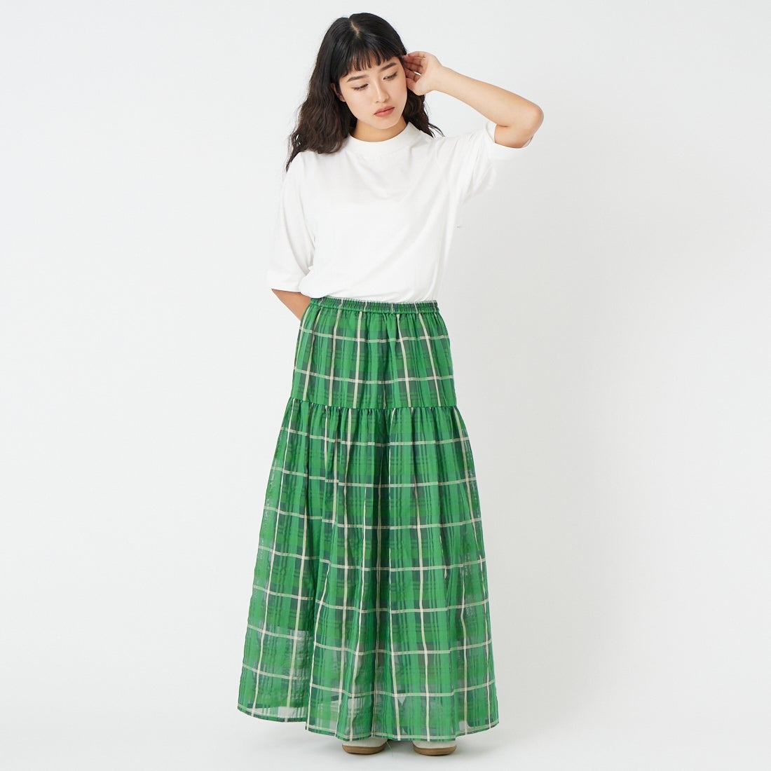 CLOCHE [クロシェ] シアーチェックティアードスカート [61086006] ｸﾞﾘｰﾝ &&モデル身長：162cm 着用サイズ：2&&