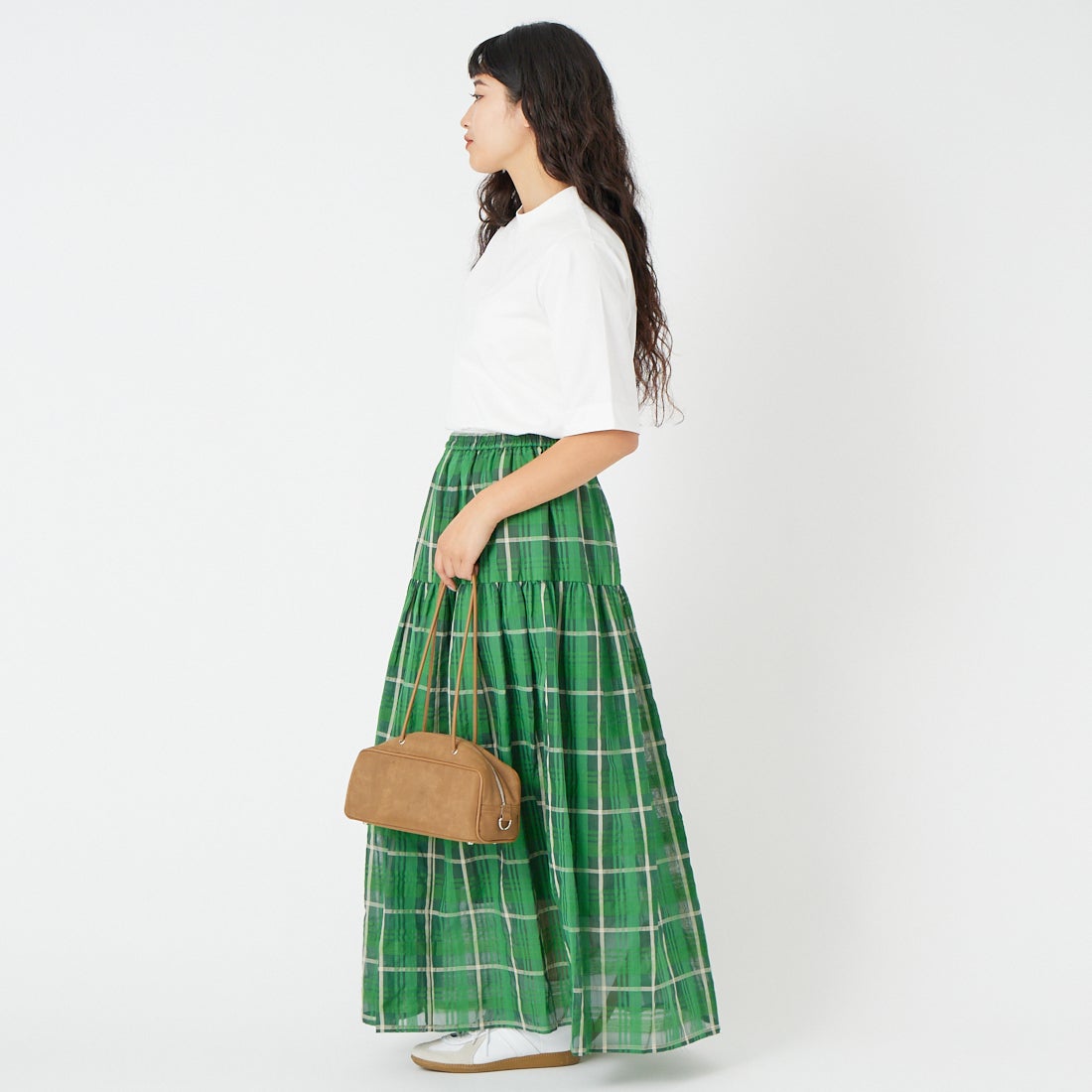 CLOCHE [クロシェ] シアーチェックティアードスカート [61086006] ｸﾞﾘｰﾝ &&モデル身長：162cm 着用サイズ：2&&