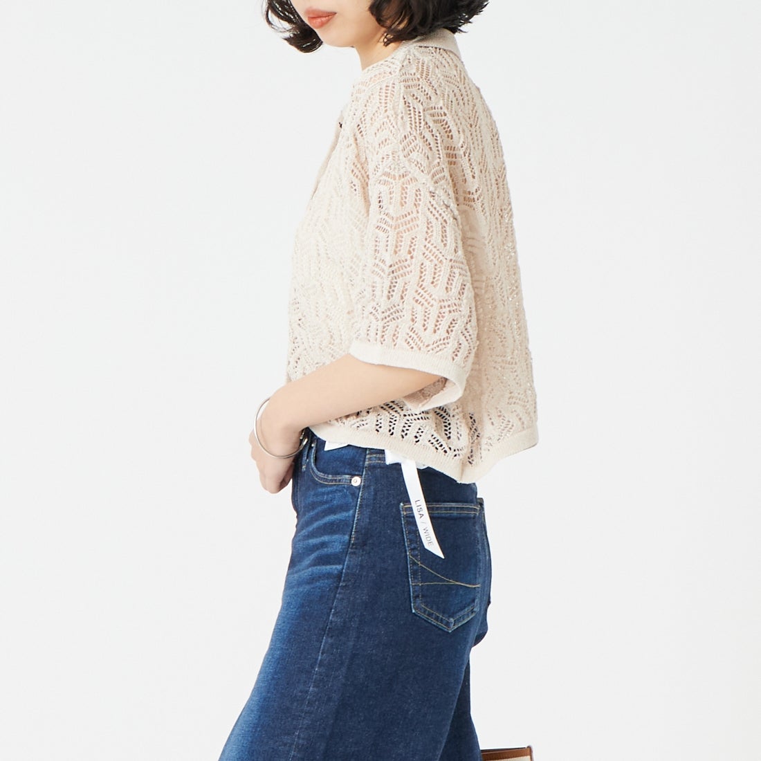 CLOCHE [クロシェ] 和紙混透かし編みニットシャツ [61285600] ﾍﾞｰｼﾞｭ &&モデル身長：162cm 着用サイズ：2&&