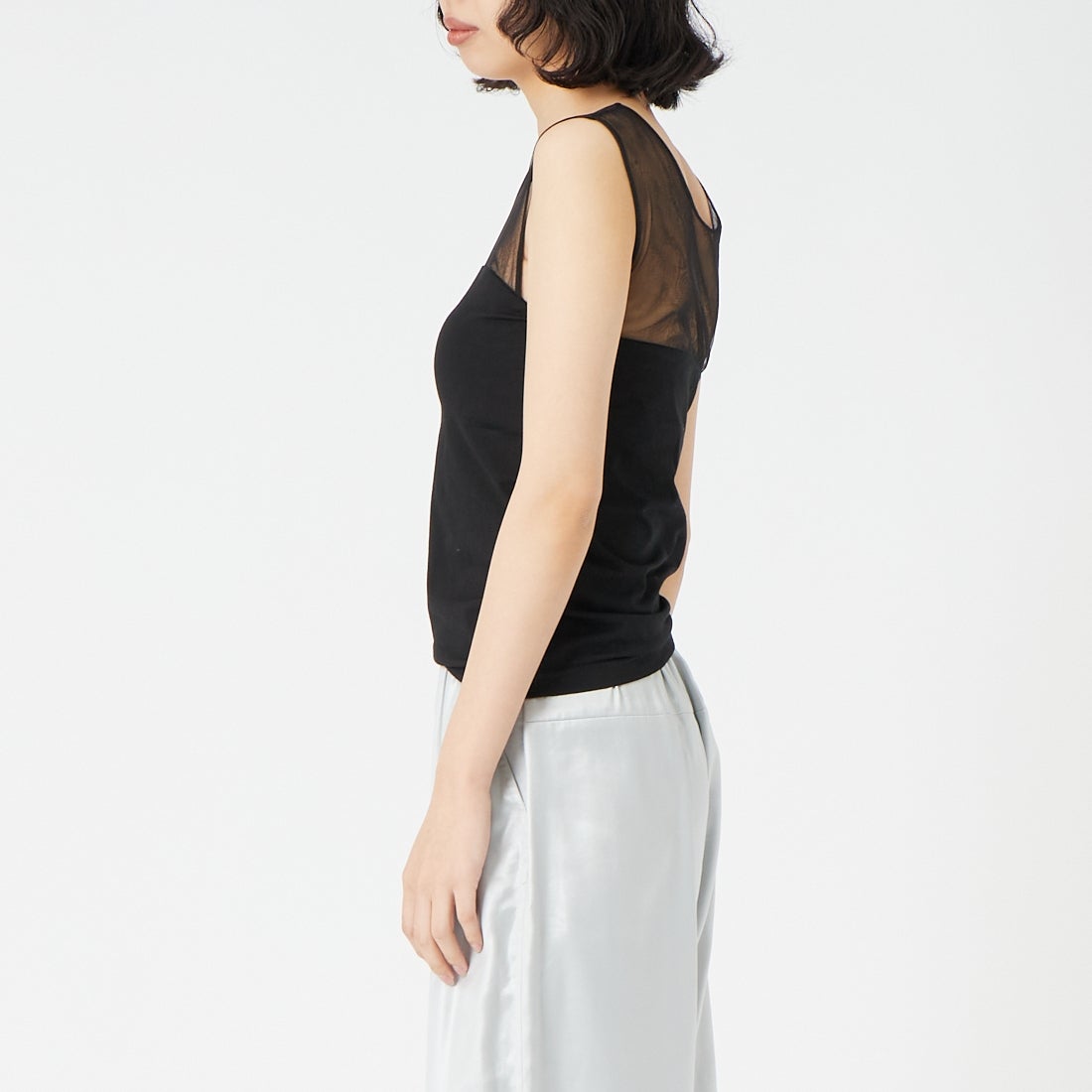 CLOCHE [クロシェ] カップ付きチュールタンクトップ [61285603] ﾌﾞﾗｯｸ &&モデル身長：162cm 着用サイズ：2&&