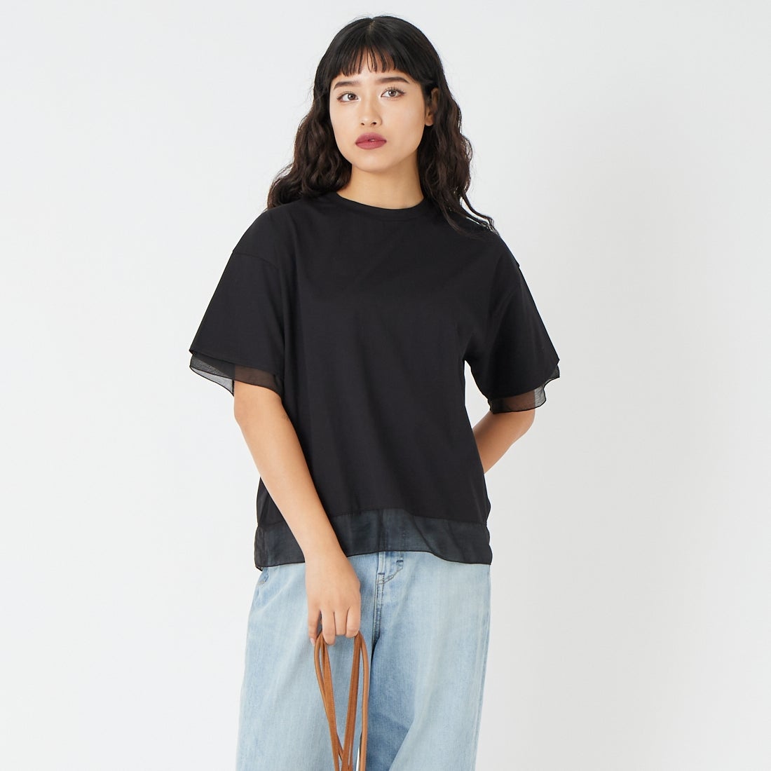 Jf Ready Made [ジェイエフレディメイド] シルケットベア シアー切替Tシャツ [3212101] 801 ﾌﾞﾗｯｸ &&モデル身長：162cm 着用サイズ：F&&