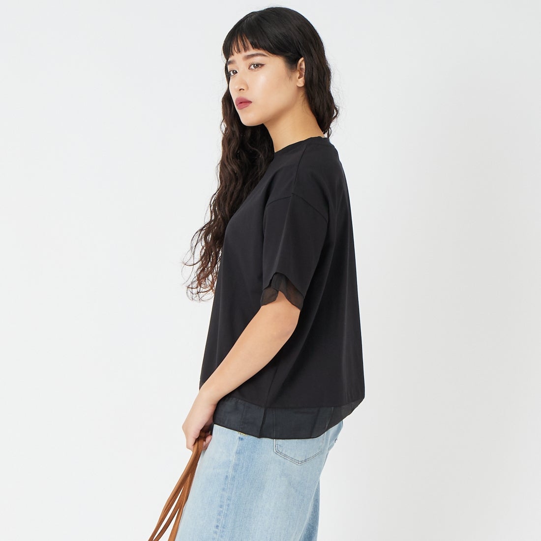 Jf Ready Made [ジェイエフレディメイド] シルケットベア シアー切替Tシャツ [3212101] 801 ﾌﾞﾗｯｸ &&モデル身長：162cm 着用サイズ：F&&