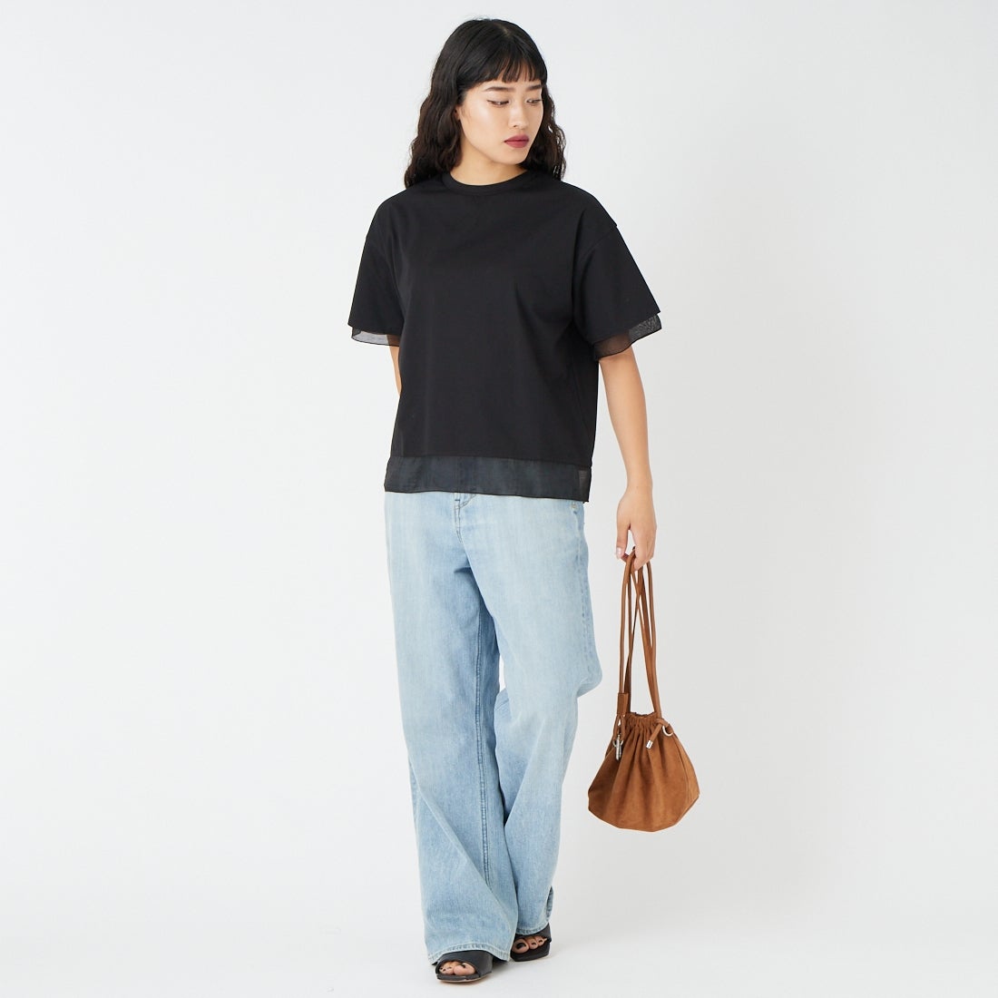 Jf Ready Made [ジェイエフレディメイド] シルケットベア シアー切替Tシャツ [3212101] 801 ﾌﾞﾗｯｸ &&モデル身長：162cm 着用サイズ：F&&