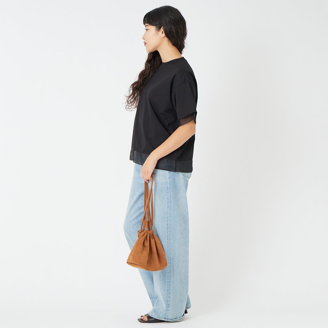 Jf Ready Made [ジェイエフレディメイド] シルケットベア シアー切替Tシャツ [3212101] 801 ﾌﾞﾗｯｸ &&モデル身長：162cm 着用サイズ：F&&