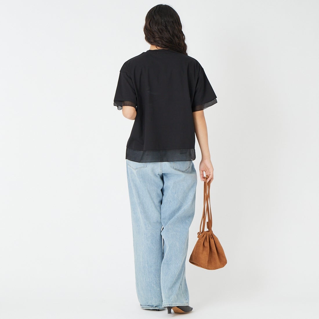 Jf Ready Made [ジェイエフレディメイド] シルケットベア シアー切替Tシャツ [3212101] 801 ﾌﾞﾗｯｸ &&モデル身長：162cm 着用サイズ：F&&