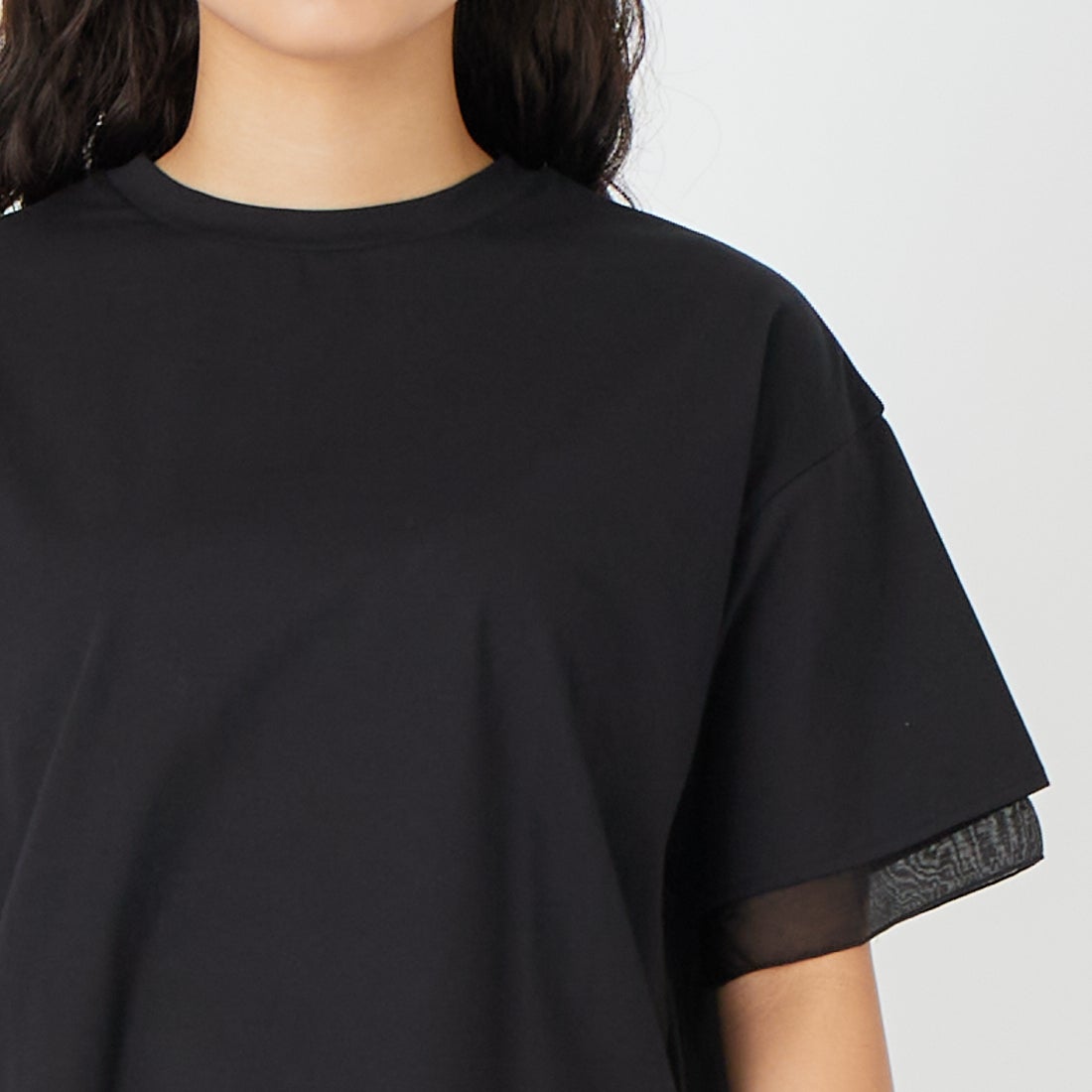 Jf Ready Made [ジェイエフレディメイド] シルケットベア シアー切替Tシャツ [3212101] 801 ﾌﾞﾗｯｸ &&モデル身長：162cm 着用サイズ：F&&