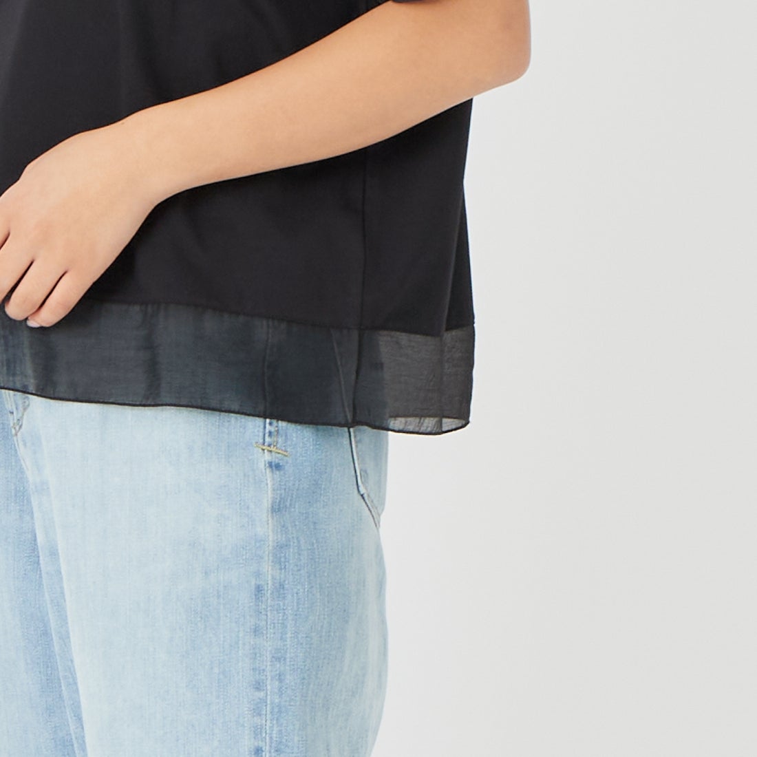 Jf Ready Made [ジェイエフレディメイド] シルケットベア シアー切替Tシャツ [3212101] 801 ﾌﾞﾗｯｸ &&モデル身長：162cm 着用サイズ：F&&