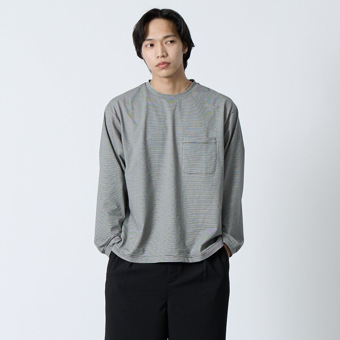 STILL BY HAND [スティルバイハンド] ボーダーロングスリーブカットソー [CS04261] GREY/BLACK &&モデル身長：179cm 着用サイズ：46&&
