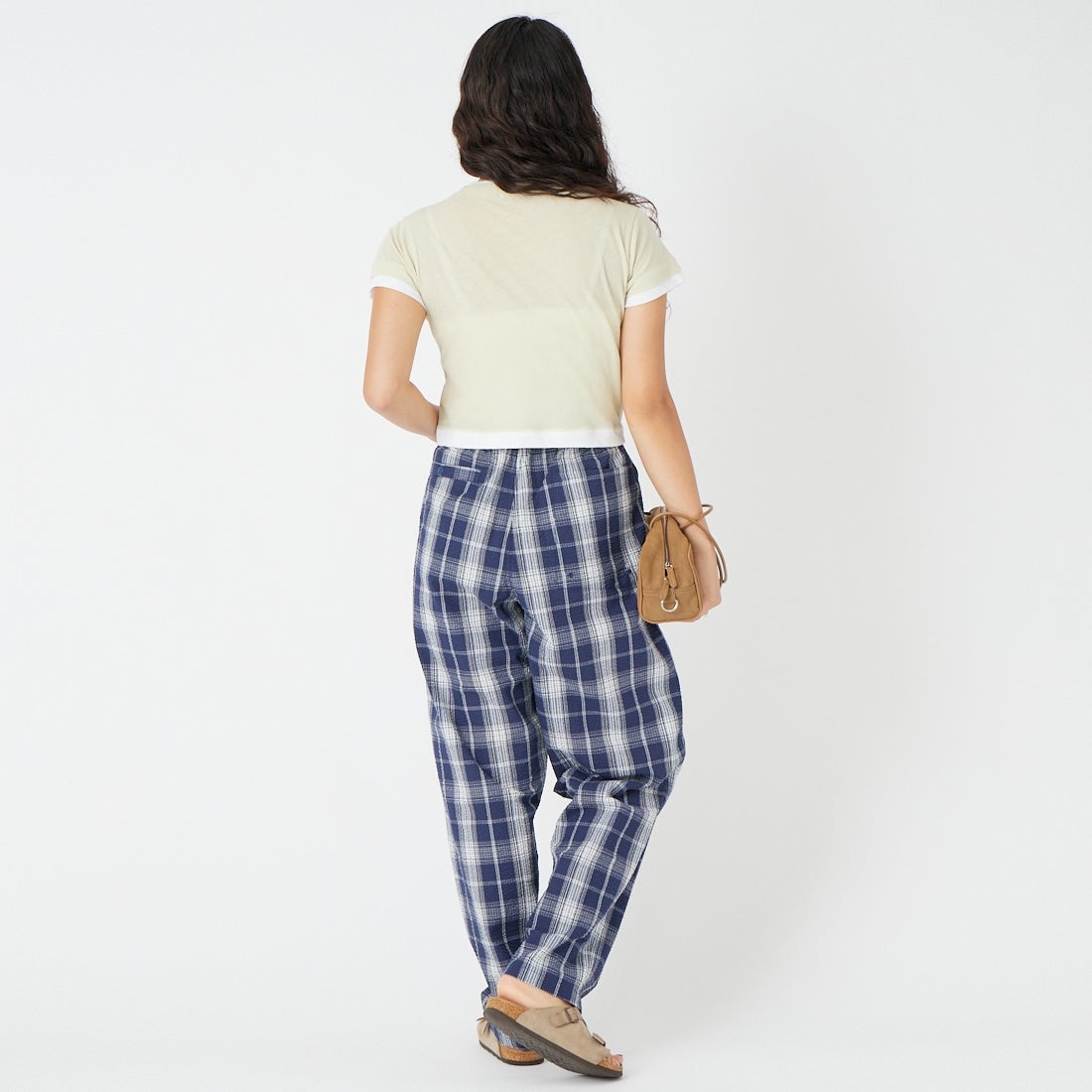 BURLAP OUTFITTER [バーラップ アウトフィッター] シアサッカー プレイドトラックパンツ [PLAID-TRACK-PANT] NAVY/WHITE &&モデル身長：162cm 着用サイズ：S&&