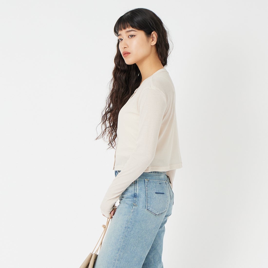 USINE [ユジーヌ] シアーリブ短丈カーディガン [21267067] 033 ﾍﾞｰｼﾞｭ &&モデル身長：162cm 着用サイズ：F&&