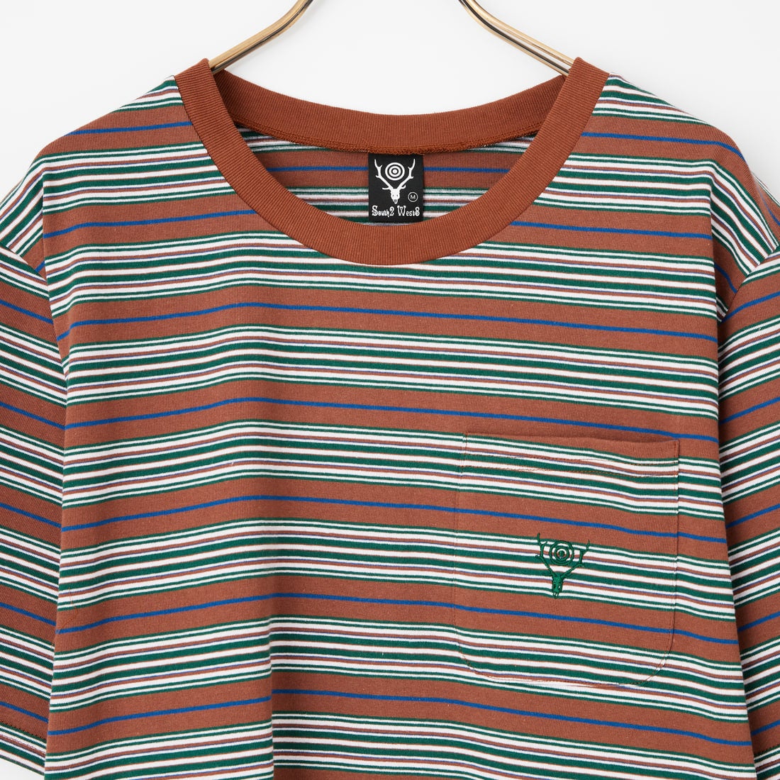 South2West8 [サウスツーウエストエイト] マルチストライプ ショートスリーブラウンドポケットTシャツ [SX742] A BROWN