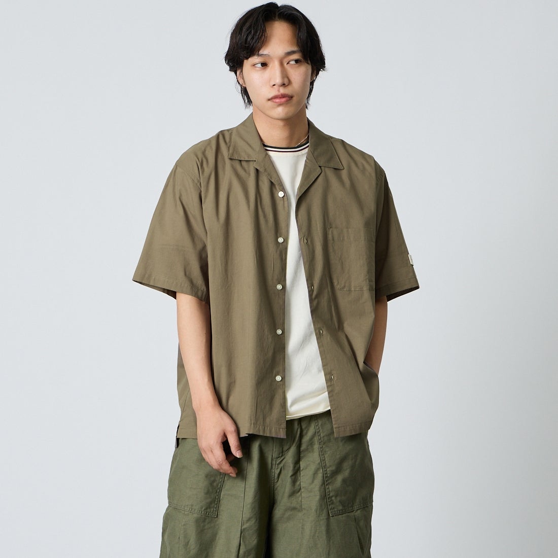 NORDISK [ノルディスク] 別注 オープンカラーシャツ [NU81702-JF] GREIGE &&モデル身長：179cm 着用サイズ：L&&