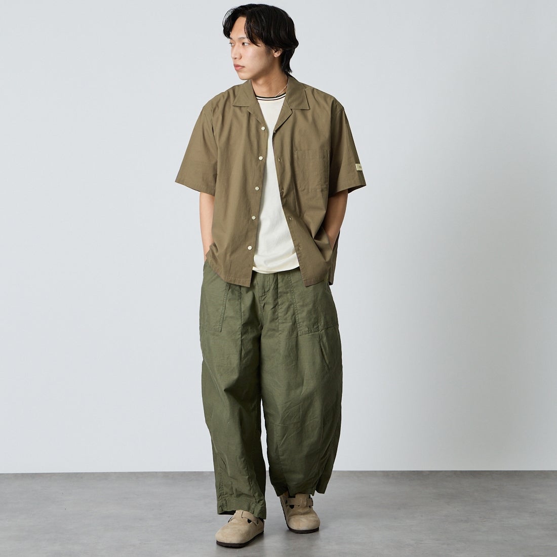 NORDISK [ノルディスク] 別注 オープンカラーシャツ [NU81702-JF] GREIGE &&モデル身長：179cm 着用サイズ：L&&