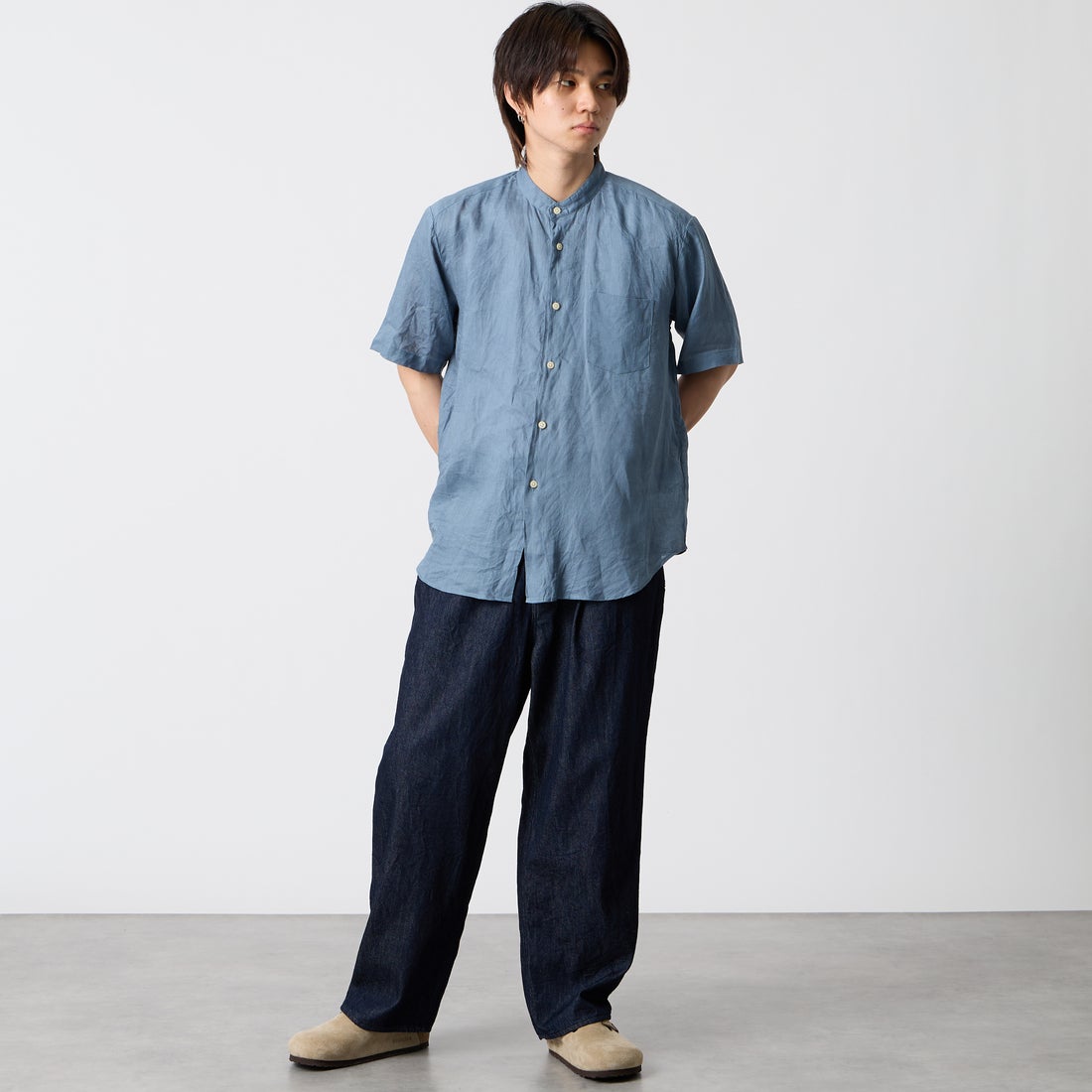 STILL BY HAND [スティルバイハンド] 別注 9ozデニムワイドパンツ [2601JF-EX04-JF] INDIGO &&モデル身長：177cm 着用サイズ：44&&