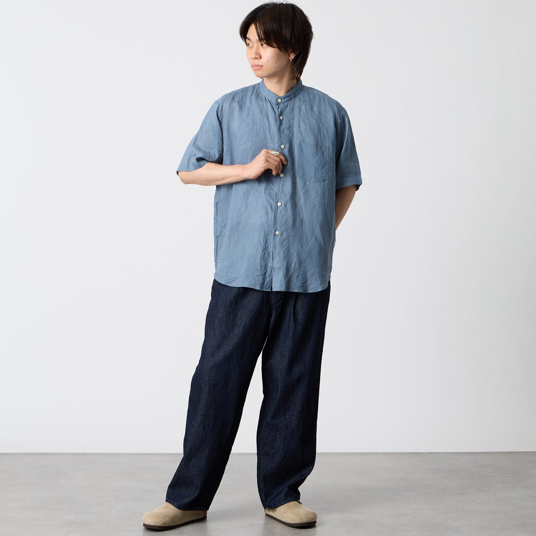 STILL BY HAND [スティルバイハンド] 別注 9ozデニムワイドパンツ [2601JF-EX04-JF] INDIGO &&モデル身長：177cm 着用サイズ：44&&