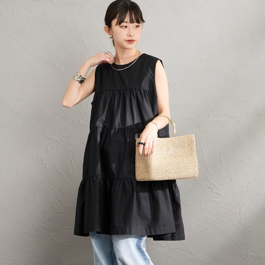 Gymphlex [ジムフレックス] ブロードクロスティアードチュニック [GY-B0470CBL] BLACK &&モデル身長：150cm 着用サイズ：14&&