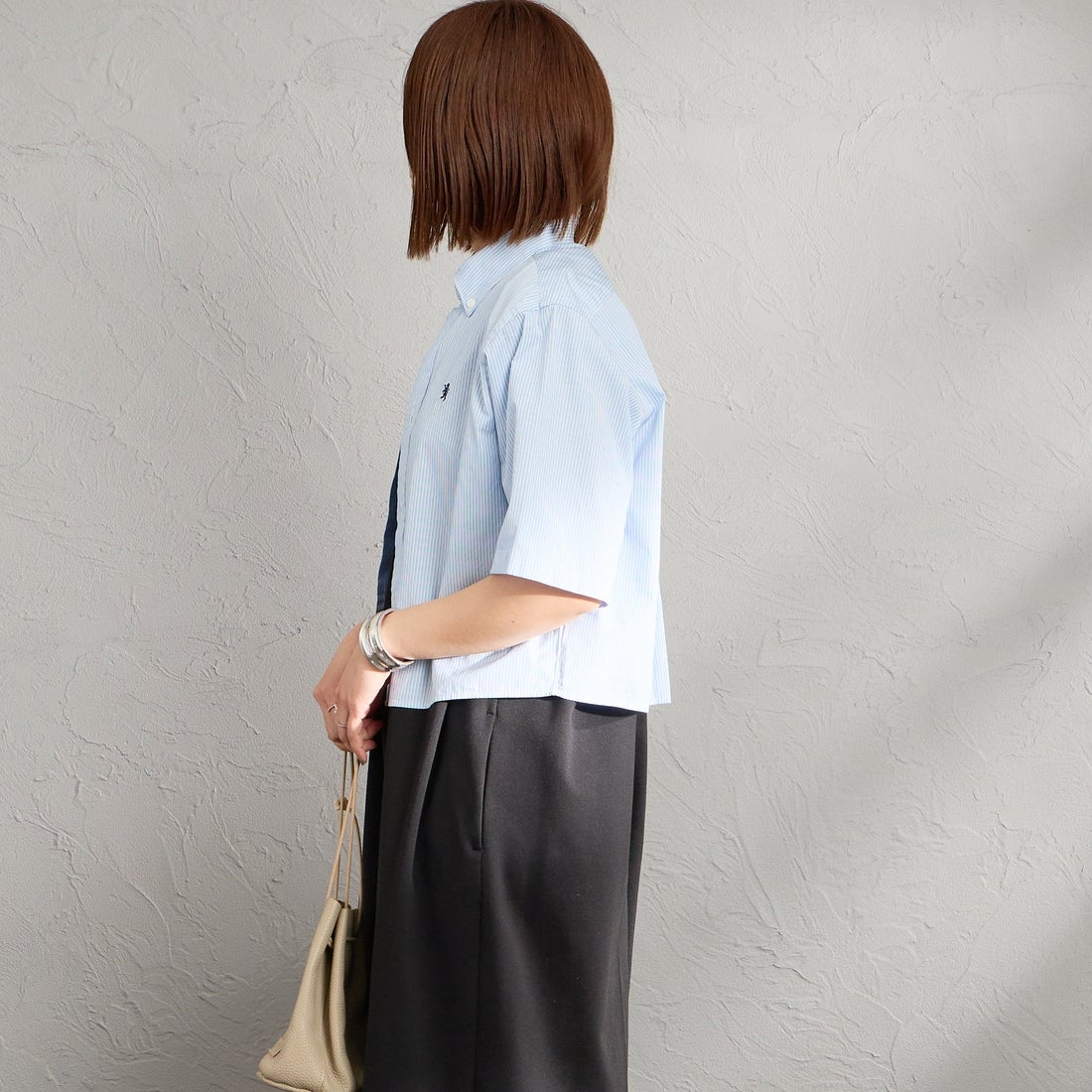 Gymphlex [ジムフレックス] ショートスリーブ ストライプショートボタンダウンシャツ [GY-B0367CBK] SAX/BLU ST &&モデル身長：159cm 着用サイズ：12&&