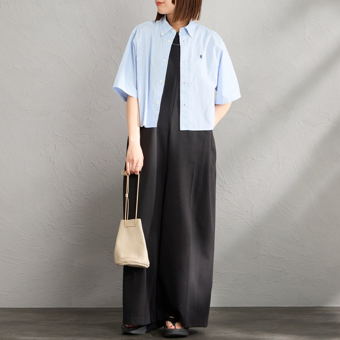 Gymphlex [ジムフレックス] ショートスリーブ ストライプショートボタンダウンシャツ [GY-B0367CBK] SAX/BLU ST &&モデル身長：159cm 着用サイズ：12&&