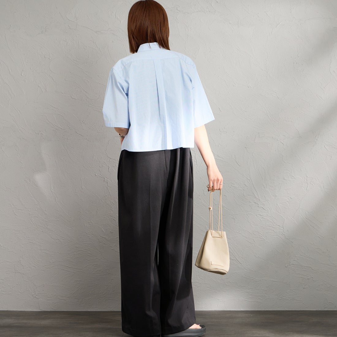 Gymphlex [ジムフレックス] ショートスリーブ ストライプショートボタンダウンシャツ [GY-B0367CBK] SAX/BLU ST &&モデル身長：159cm 着用サイズ：12&&