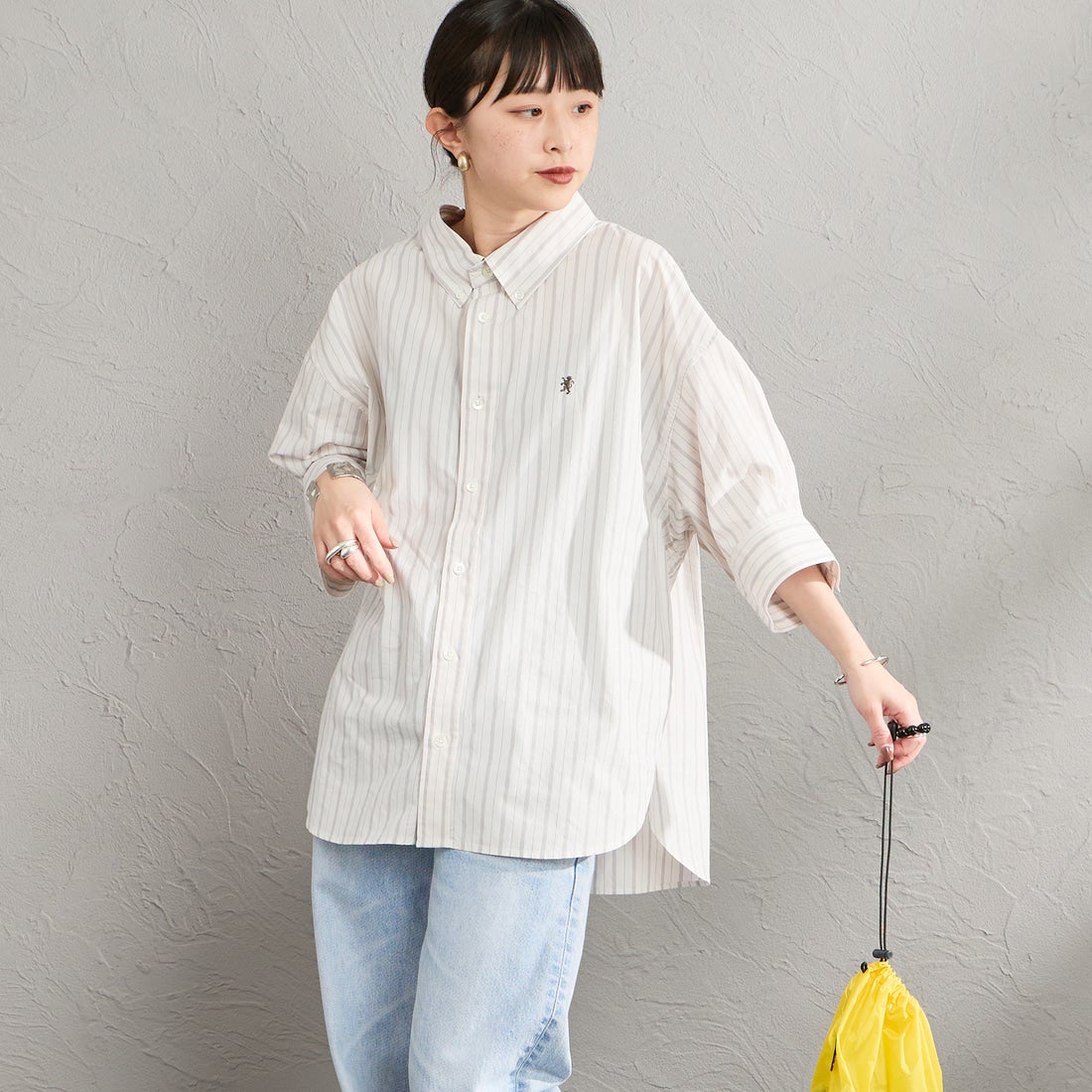 Gymphlex [ジGymphlex [ジムフレックス] ストライプボタンダウンショートシャツ [GY-B0458MLO] OFF/GRY STムフレックス] ストライプボタンダウンショートシャツ [GY-B0458MLO] OFF/GRY ST