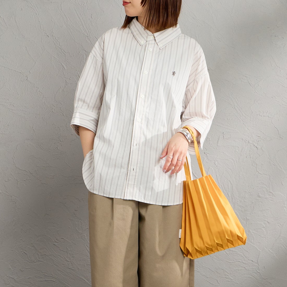 Gymphlex [ジムフレックス] ストライプボタンダウンショートシャツ [GY-B0458MLO] OFF/GRY ST &&モデル身長：159cm 着用サイズ：14&&