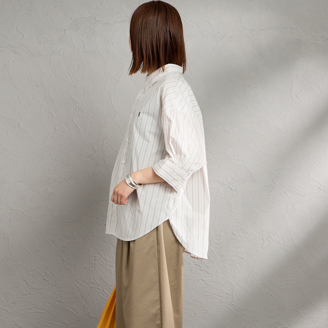 Gymphlex [ジムフレックス] ストライプボタンダウンショートシャツ [GY-B0458MLO] OFF/GRY ST &&モデル身長：159cm 着用サイズ：14&&