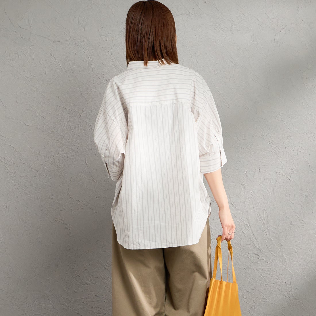 Gymphlex [ジムフレックス] ストライプボタンダウンショートシャツ [GY-B0458MLO] OFF/GRY ST &&モデル身長：159cm 着用サイズ：14&&