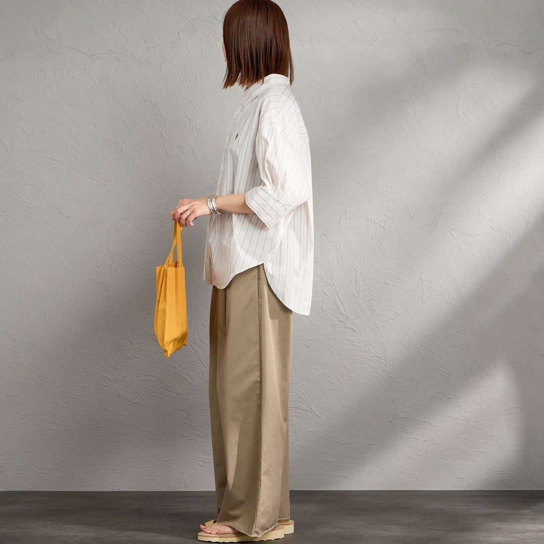 Gymphlex [ジムフレックス] ストライプボタンダウンショートシャツ [GY-B0458MLO] OFF/GRY ST &&モデル身長：159cm 着用サイズ：14&&