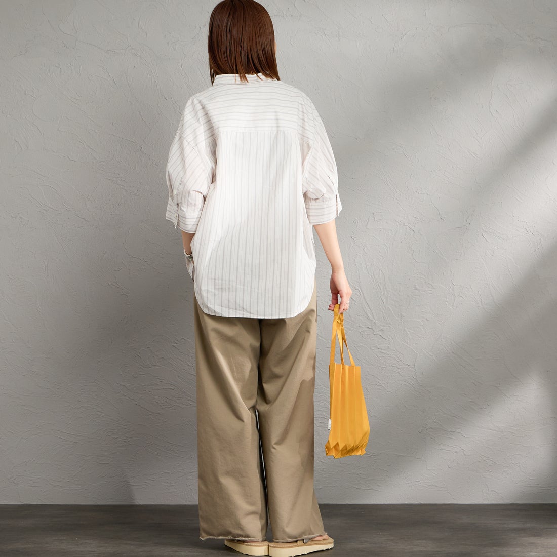 Gymphlex [ジムフレックス] ストライプボタンダウンショートシャツ [GY-B0458MLO] OFF/GRY ST &&モデル身長：159cm 着用サイズ：14&&