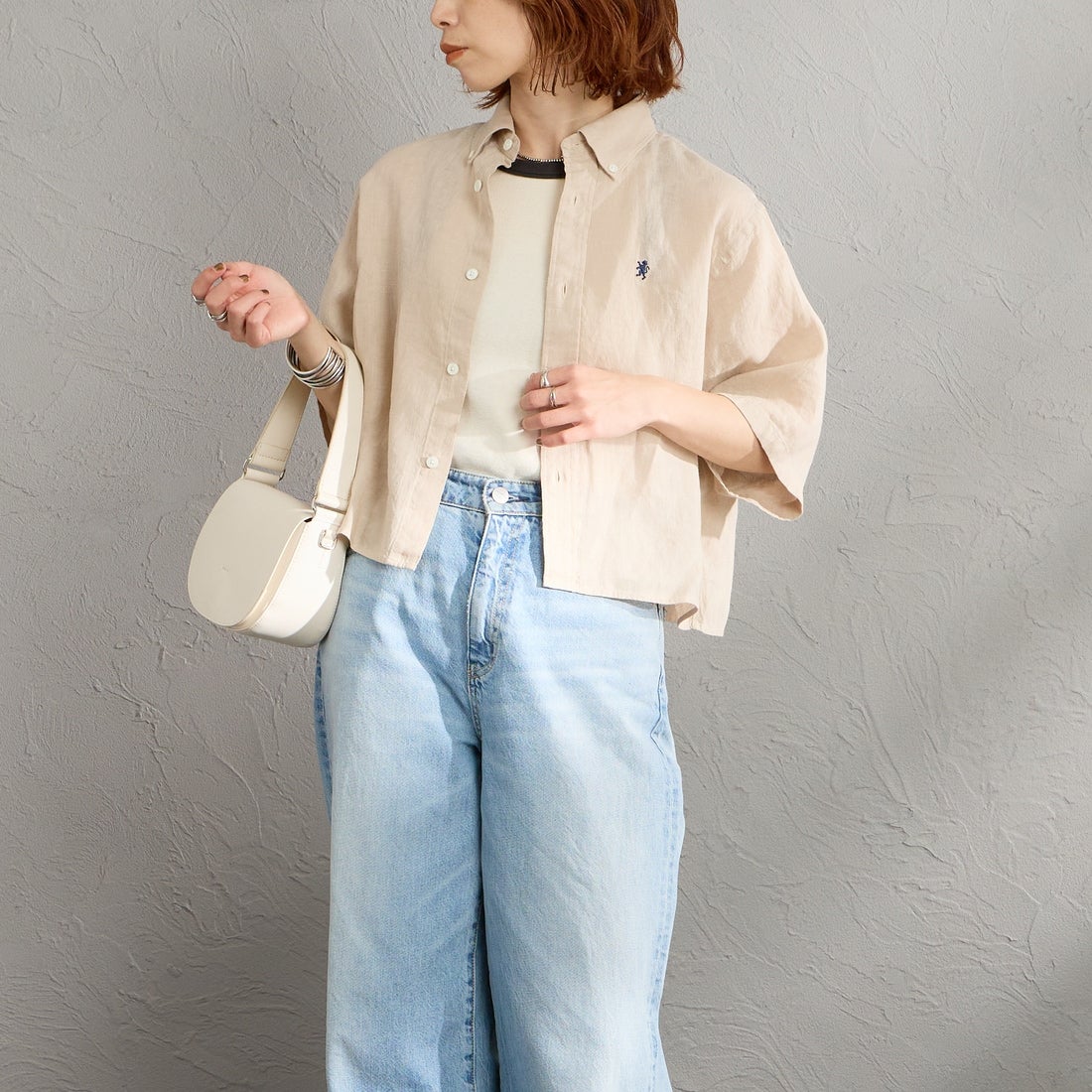 Gymphlex [ジムフレックス] ショートスリーブ リネンボタンダウンシャツ [GY-B0367SKC] BEIGE &&モデル身長：158cm 着用サイズ：12&&
