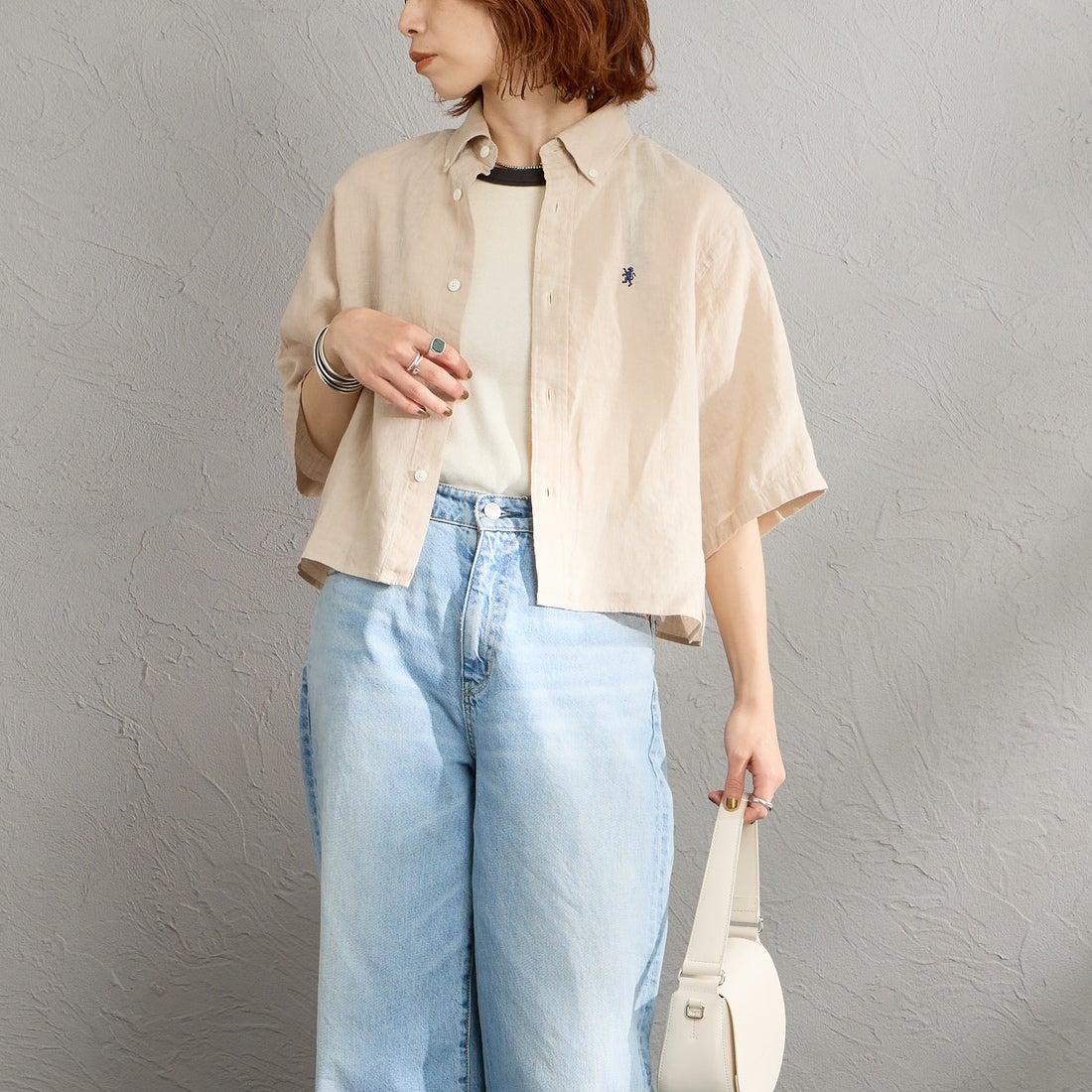 Gymphlex [ジムフレックス] ショートスリーブ リネンボタンダウンシャツ [GY-B0367SKC] BEIGE &&モデル身長：158cm 着用サイズ：12&&